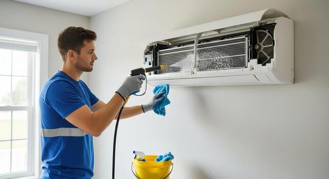 Air conditioning unit being serviced and inspected